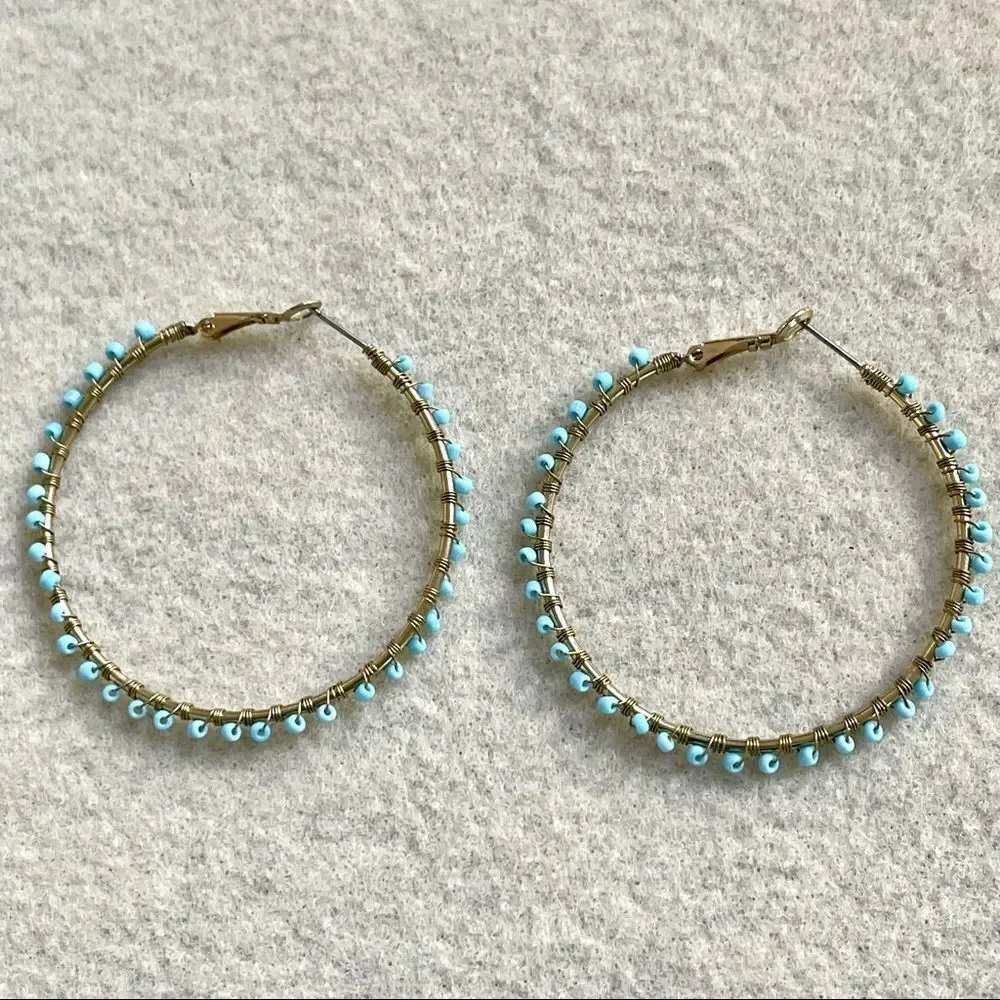 gold tone turquoise beaded hoops